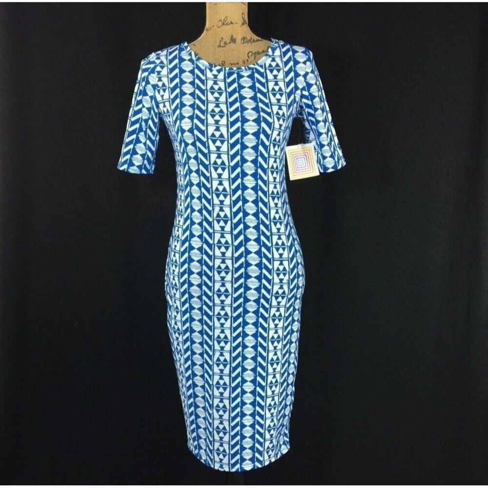 NWT Julia Dress XS White Blue Stretch Pencil Midi Short Sl Aztec Sexy Career